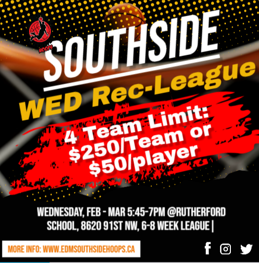 Feb-Mar, Weekly Wednesday Southside Rec-League 6-7pm @Rutherford School, 6-8 week league | 4-team limit